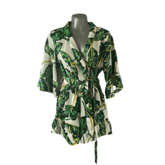 PrettyLittleThing Pants - Pretty Little Thing Green Tropical Frill Romper Size 4 NWOT